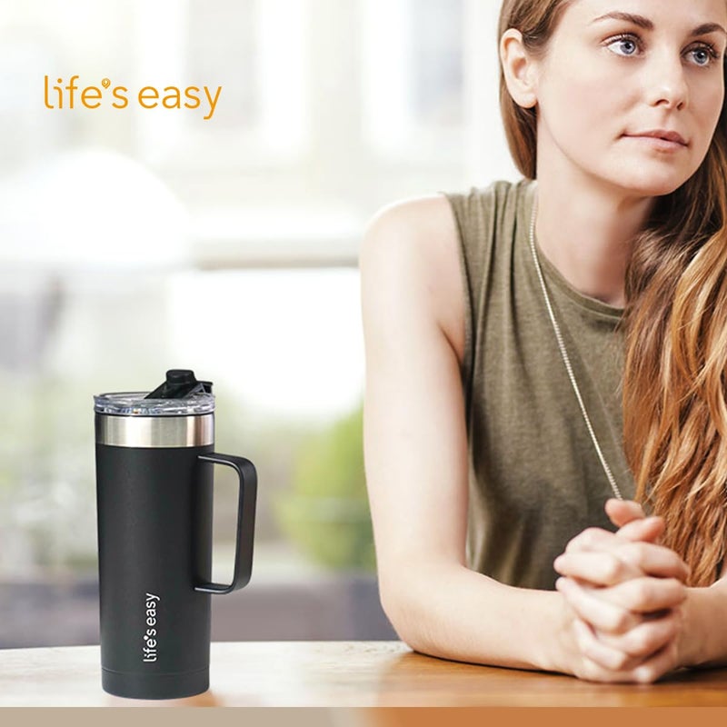 Life's Easy 20oz Stainless Steel Mug w/Handle - Double Wall Insulated Travel Tumbler w/Flip Lid - Leak Proof Tumbler-Thermal Cup for Coffee, Tea & More - Keep Hot & Cold Drinks (Black, 20 oz) - Image 2